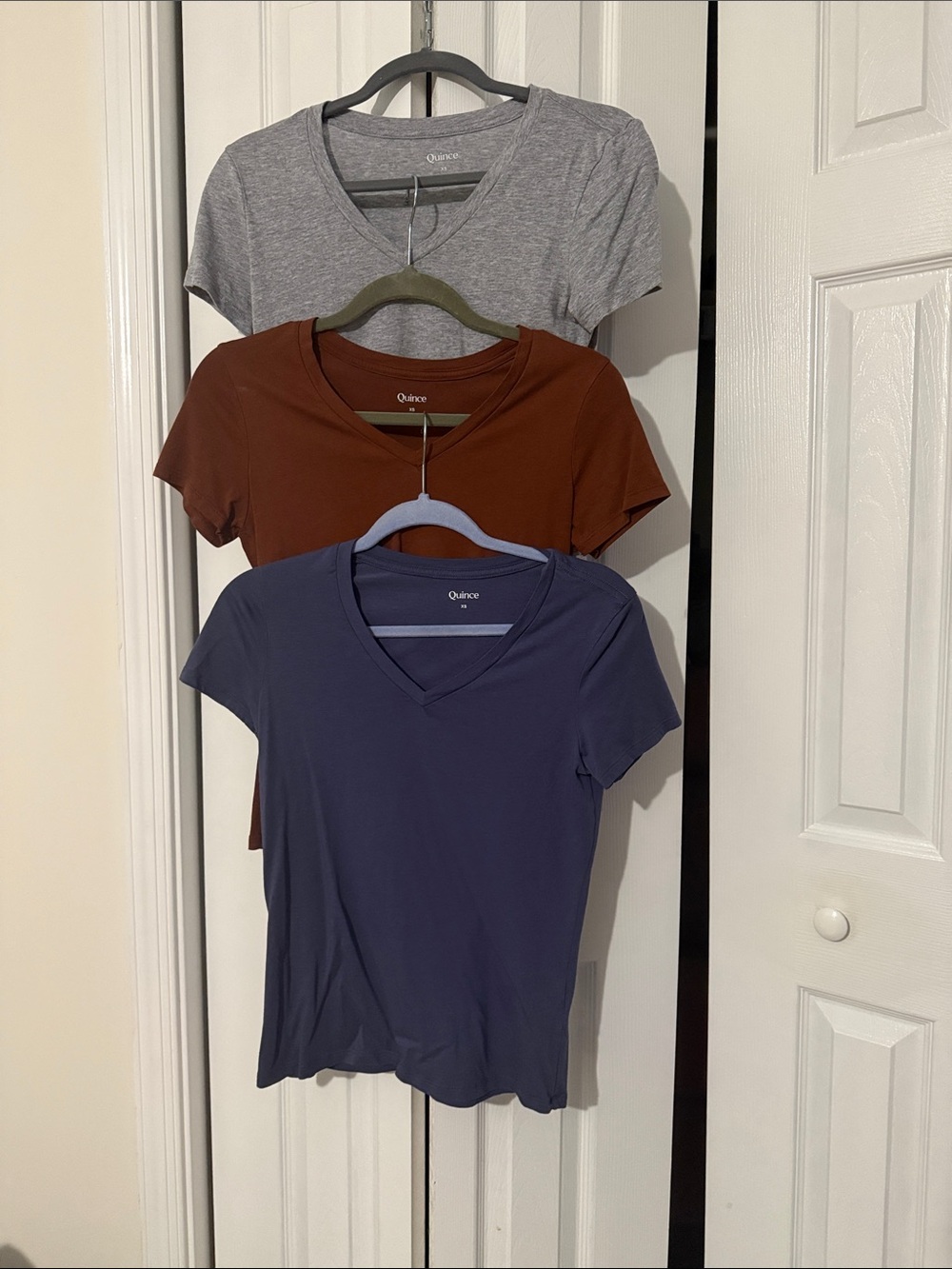 Quince Short Sleeve V-Neck Tee Trio in Gray, Brown, Blue